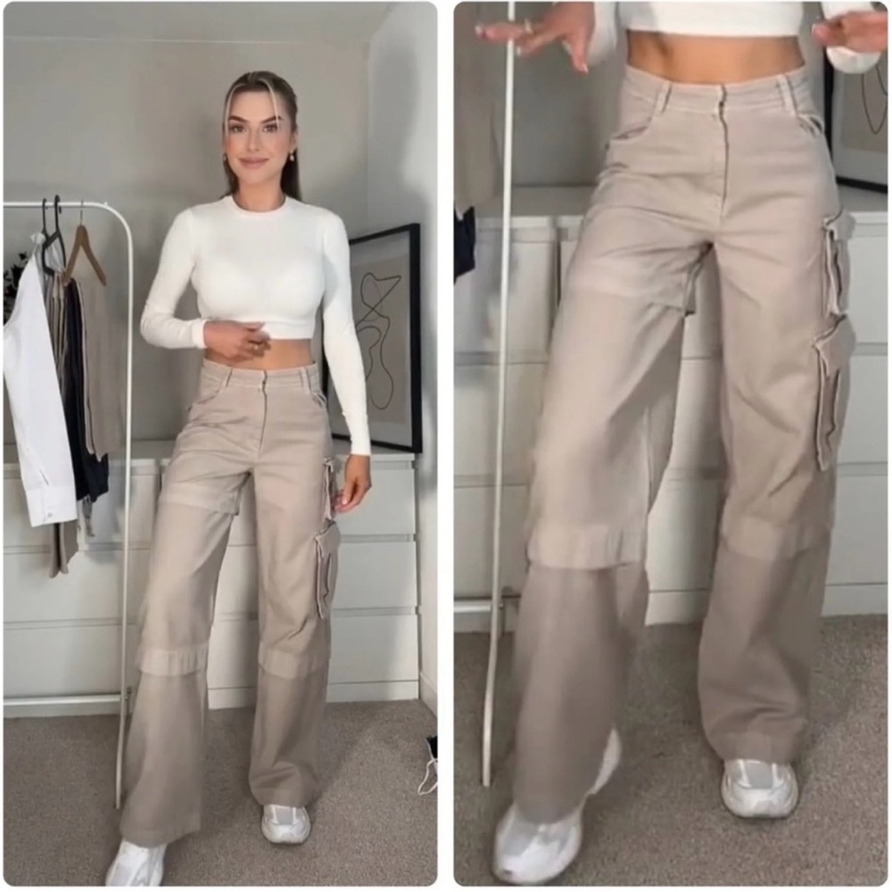 Zara high waisted beige cargo 
Size S but fit like a medium